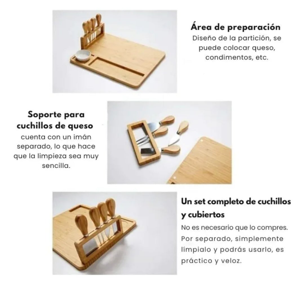 Tabla de madera para picoteo con 4 cuchillos