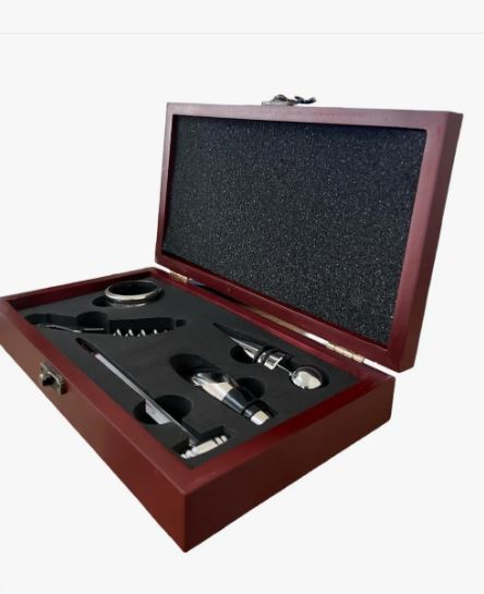 Set Descorchador De Vinos Acero Caja Madera 5 Piezas.